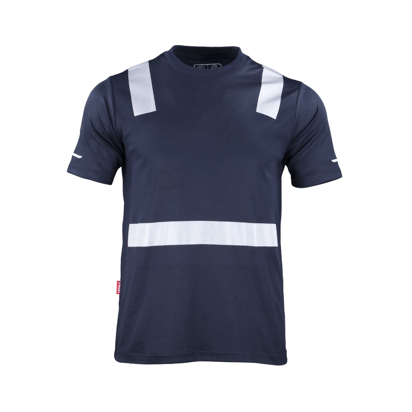 Polera azul de manga corta con cinta reflectante, adecuada para alta visibilidad y seguridad en el trabajo" Esta etiqueta alt proporciona una descri