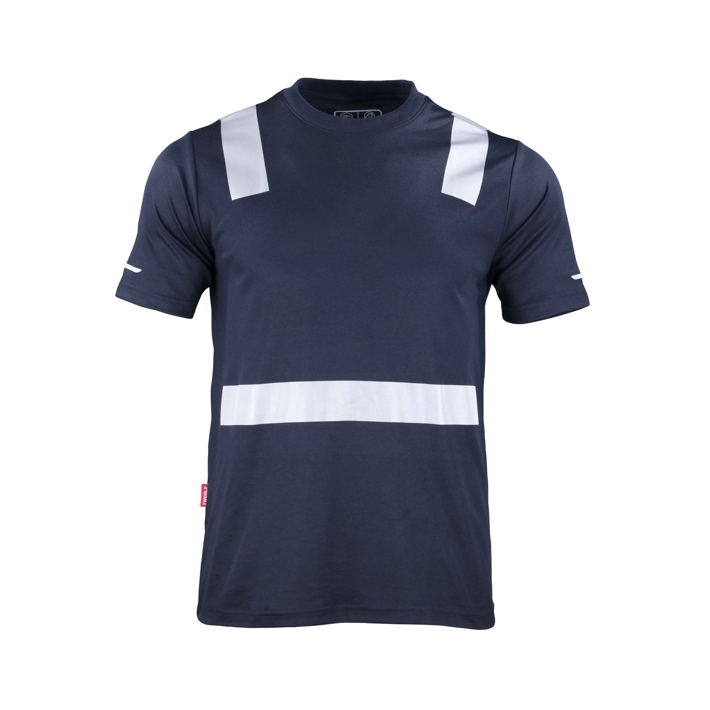 Polera azul de manga corta con cinta reflectante, adecuada para alta visibilidad y seguridad en el trabajo"  Esta etiqueta alt proporciona una descri