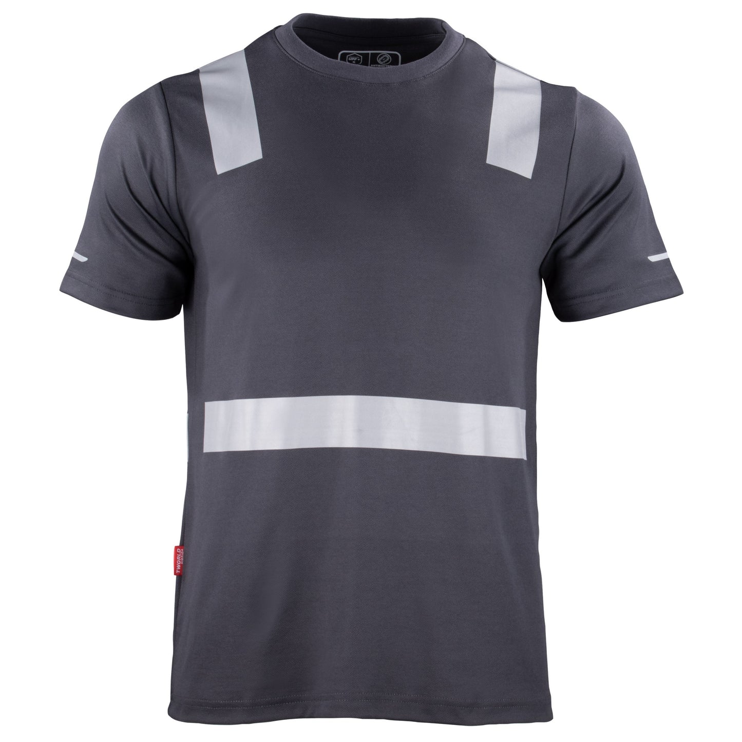 Polera de manga corta con cinta reflectante, adecuada para alta visibilidad y seguridad en el trabajo" Esta etiqueta alt proporciona una descri