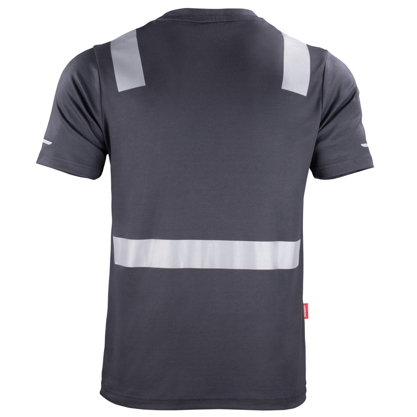 Polera gris de manga corta con cinta reflectante, adecuada para alta visibilidad y seguridad en el trabajo" Esta etiqueta alt proporciona una descri