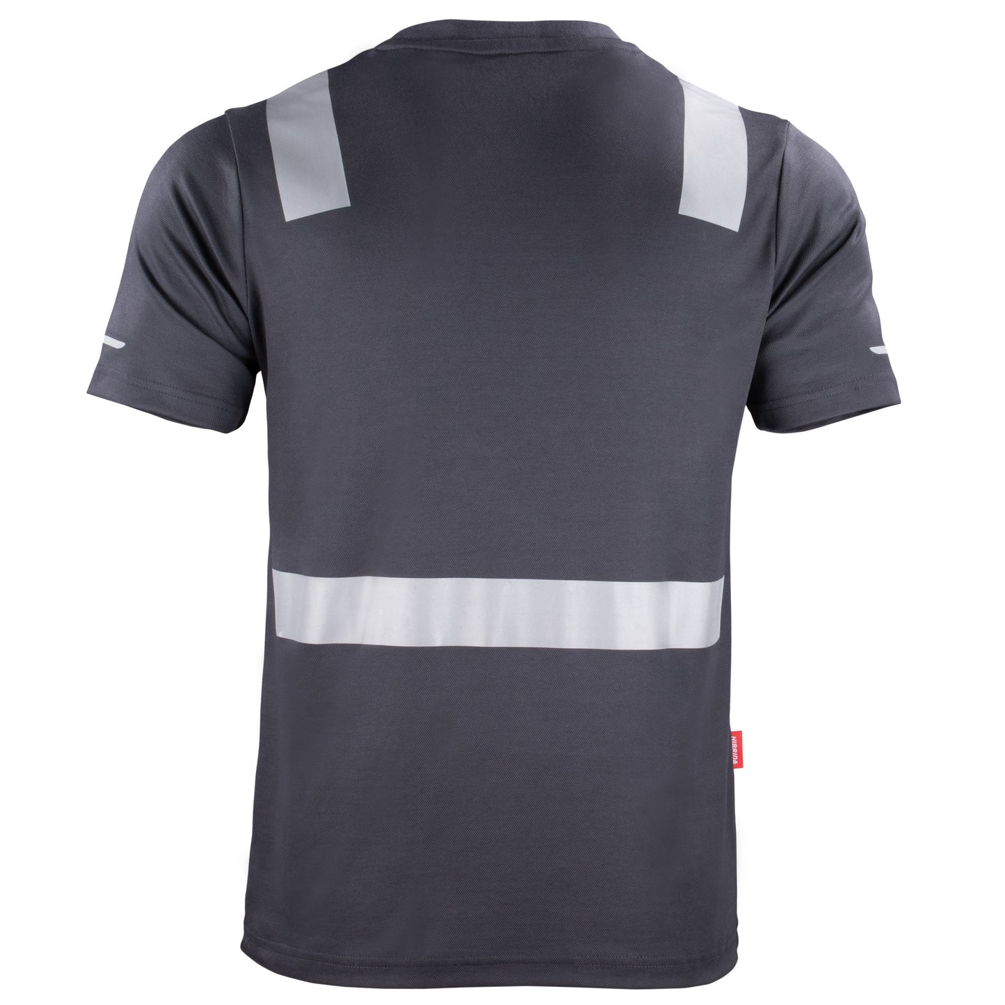 Polera gris de manga corta con cinta reflectante, adecuada para alta visibilidad y seguridad en el trabajo"  Esta etiqueta alt proporciona una descri