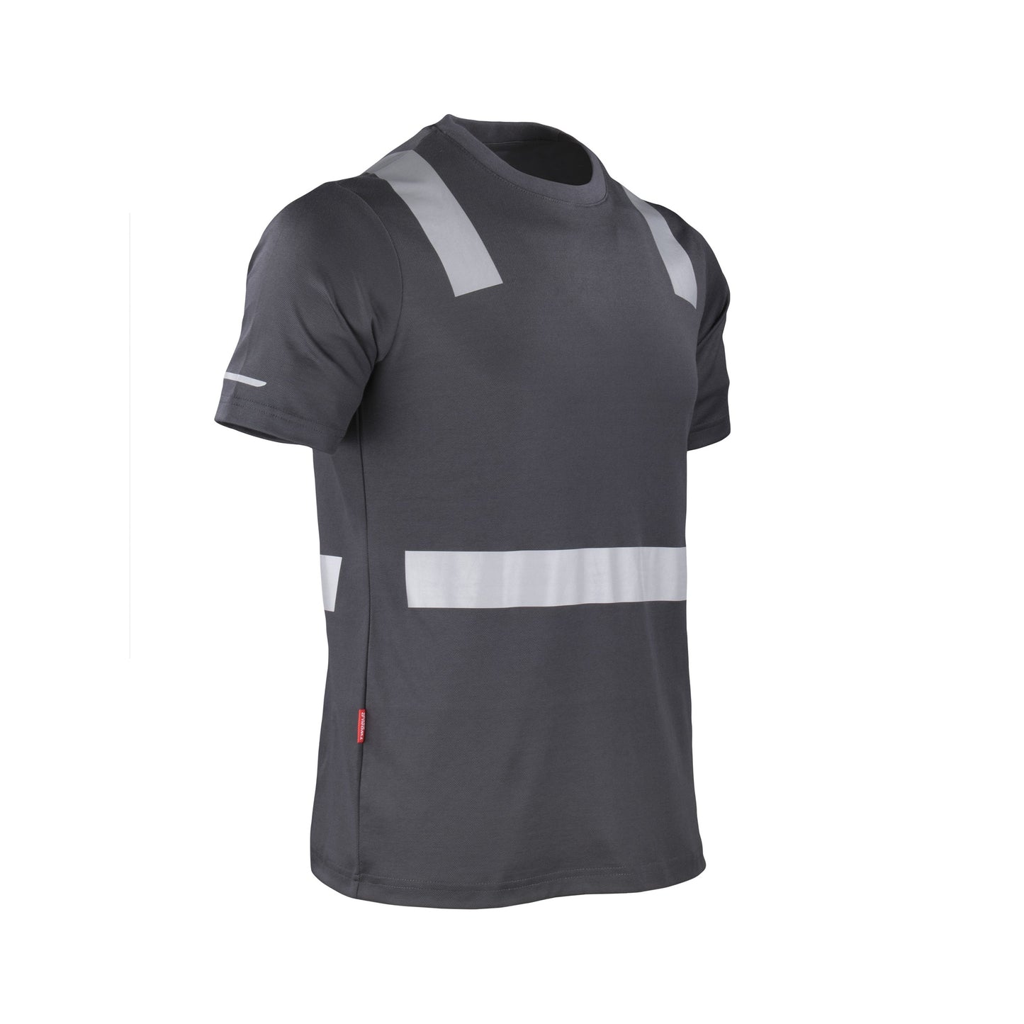 Polera gris lado de manga corta con cinta reflectante, adecuada para alta visibilidad y seguridad en el trabajo" Esta etiqueta alt proporciona una descri
