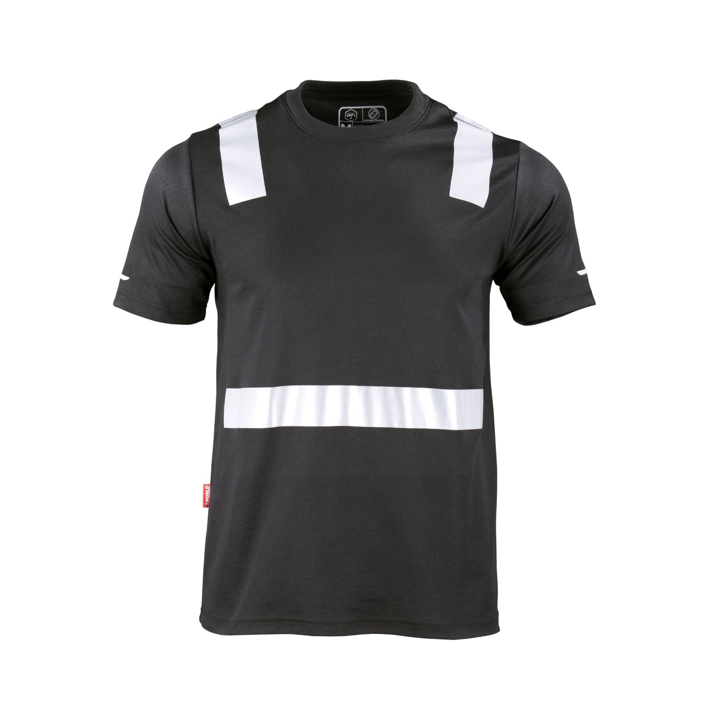 Polera negra de manga corta con cinta reflectante, adecuada para alta visibilidad y seguridad en el trabajo" Esta etiqueta alt proporciona una descri