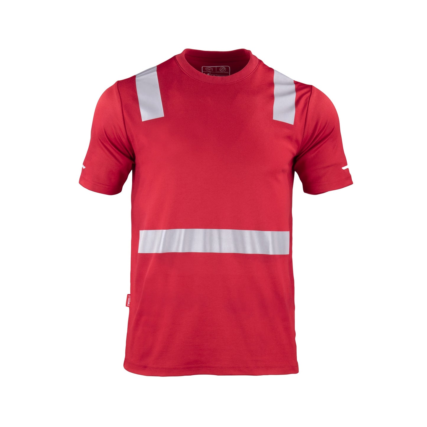 Polera roja de manga corta con cinta reflectante, adecuada para alta visibilidad y seguridad en el trabajo" Esta etiqueta alt proporciona una descri