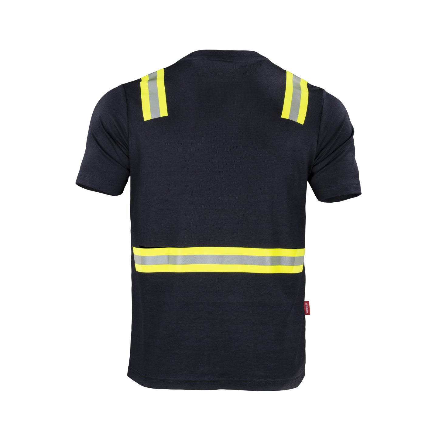 Polera azul espalda de alta visibilidad de manga corta con cinta reflectante para uso diurno y nocturno, ideal para seguridad laboral