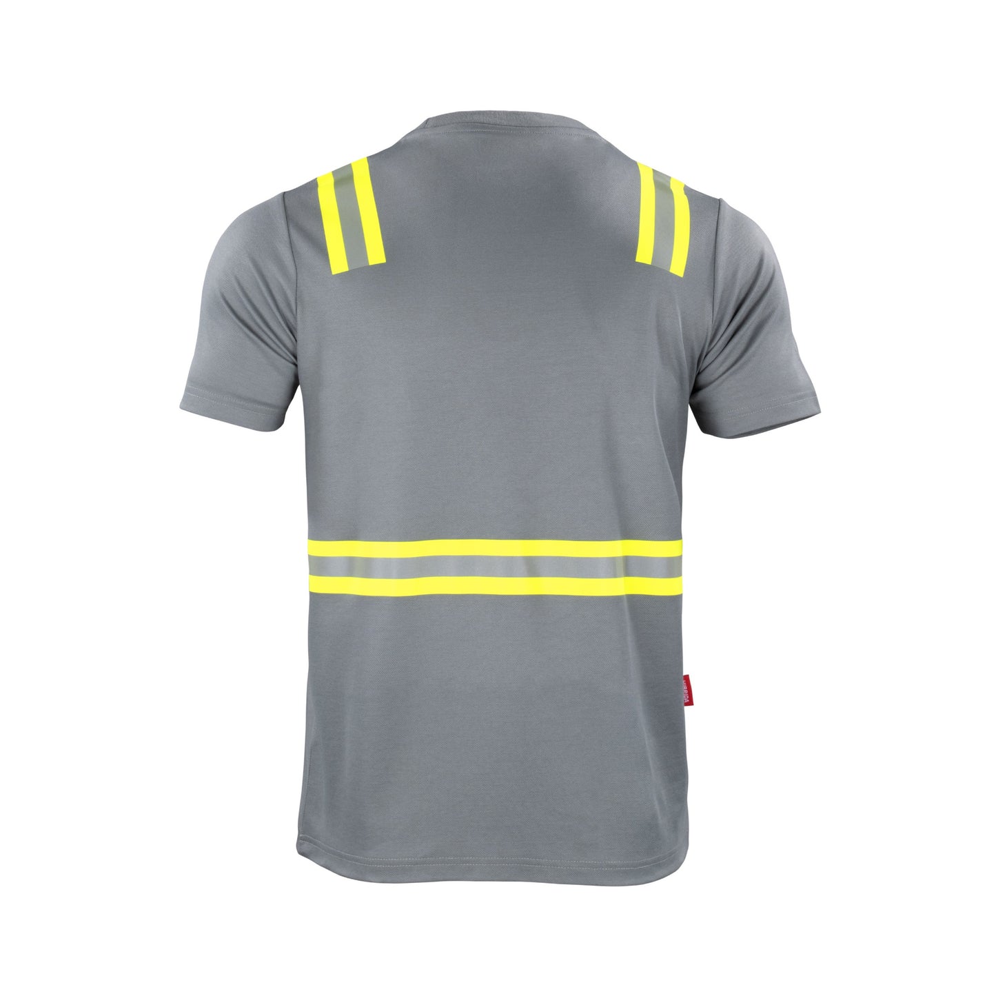 Polera gris de alta visibilidad de manga corta con cinta reflectante para uso diurno y nocturno, ideal para seguridad laboral