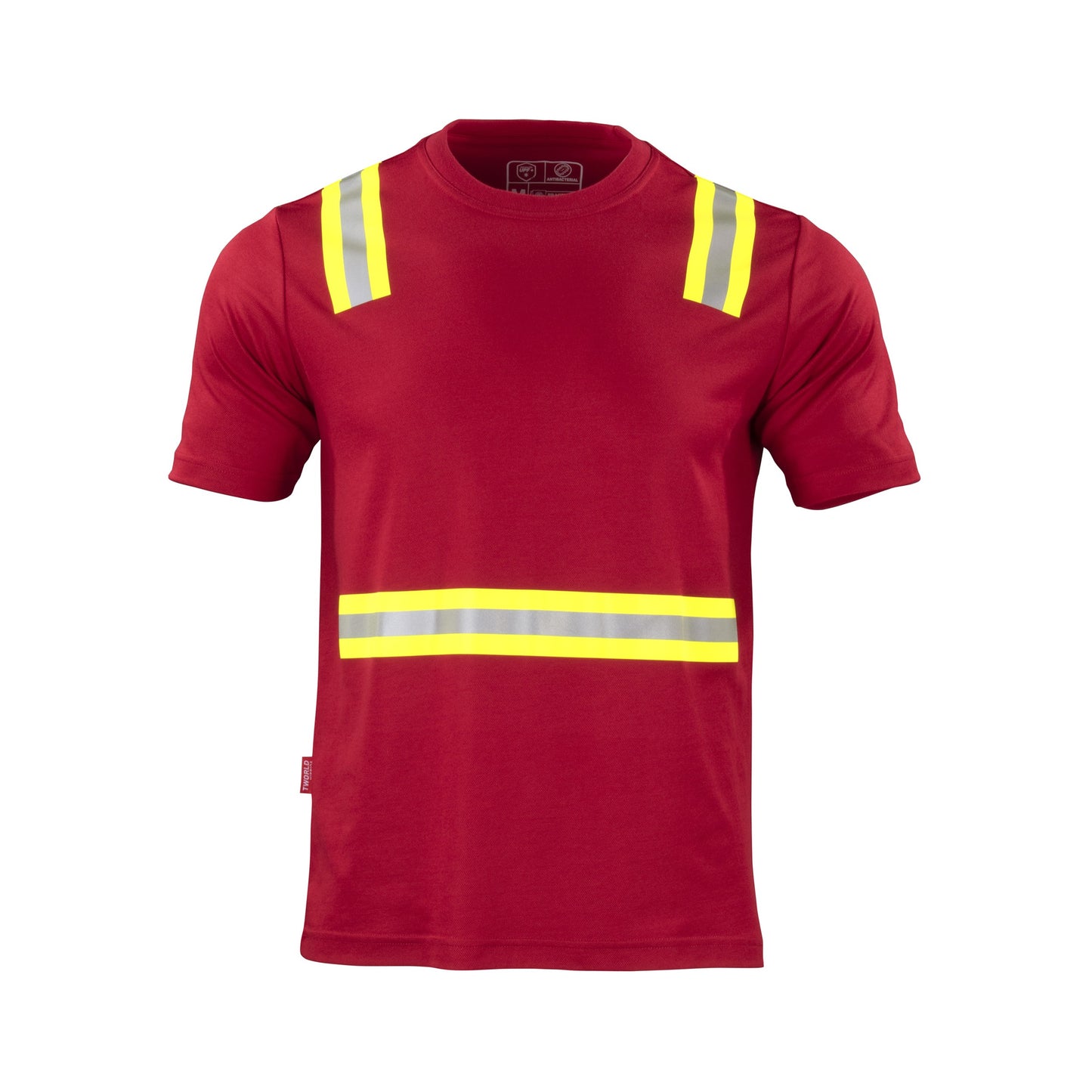 Polera roja de alta visibilidad de manga corta con cinta reflectante para uso diurno y nocturno, ideal para seguridad laboral