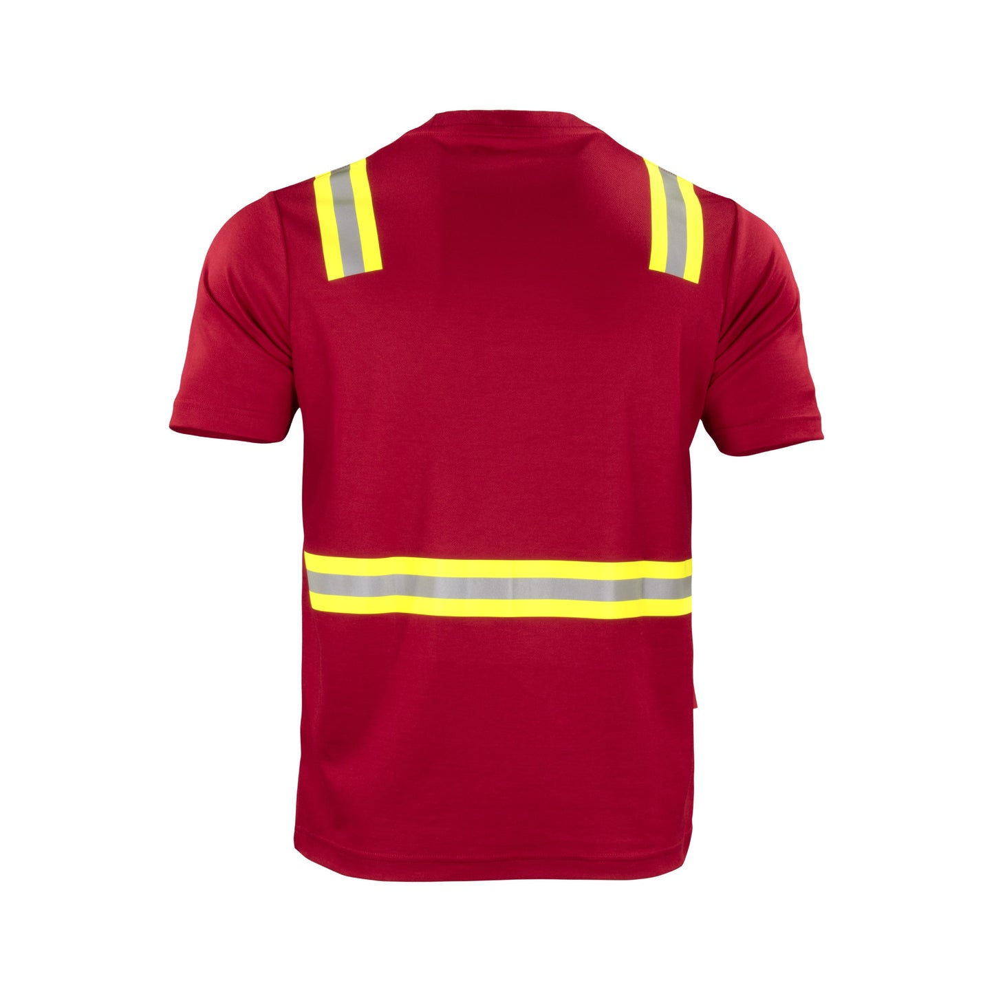 Polera roja espalda de alta visibilidad de manga corta con cinta reflectante para uso diurno y nocturno, ideal para seguridad laboral