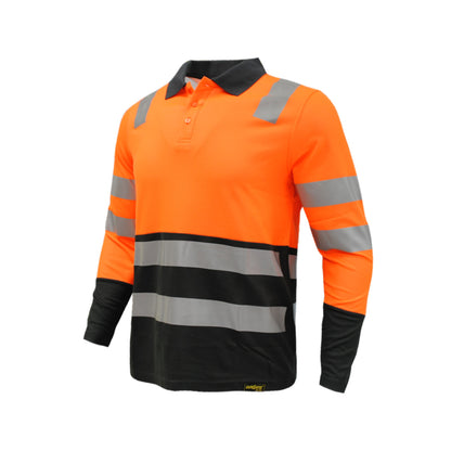 Polera naranja de alta visibilidad con cuello camisero y manga larga, durabilidad y seguridad para profesionales - TEAMGRAFF