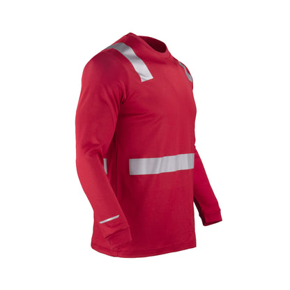 Polera roja  de manga larga con cinta reflectante, diseñada para seguridad y visibilidad en el trabajo