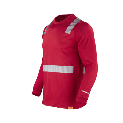 Polera roja lado de manga larga con cinta reflectante, diseñada para seguridad y visibilidad en el trabajo
