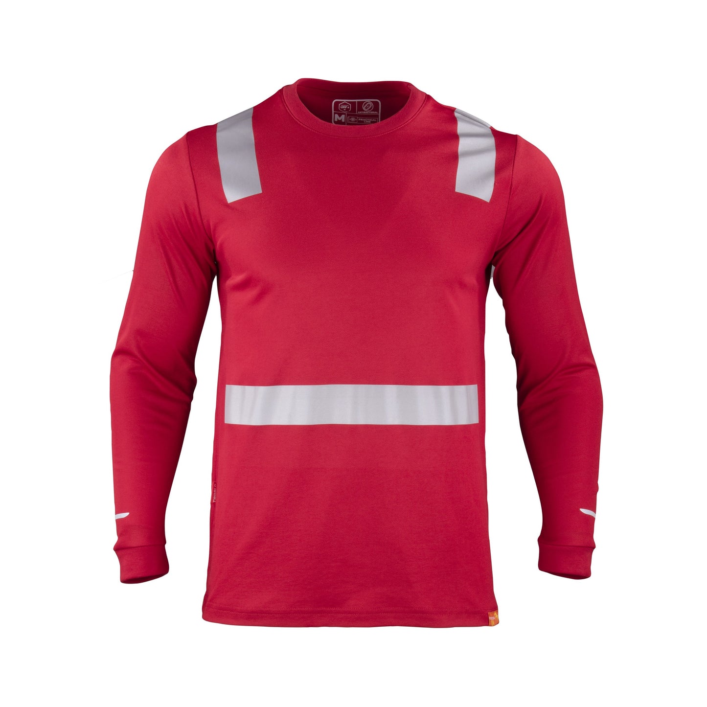 Polera roja frente de manga larga con cinta reflectante, diseñada para seguridad y visibilidad en el trabajo
