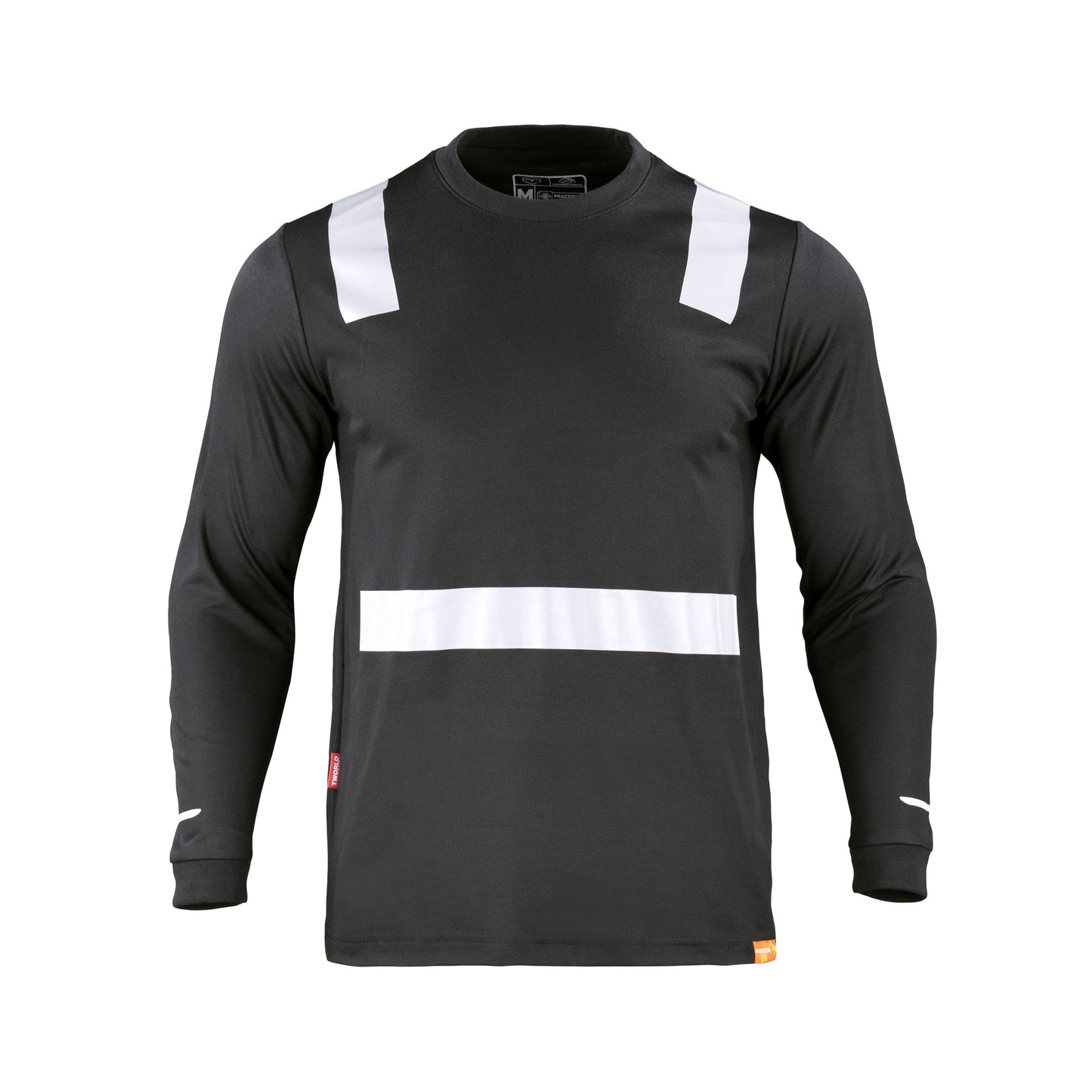Polera negra de frente de manga larga con cinta reflectante, diseñada para seguridad y visibilidad en el trabajo