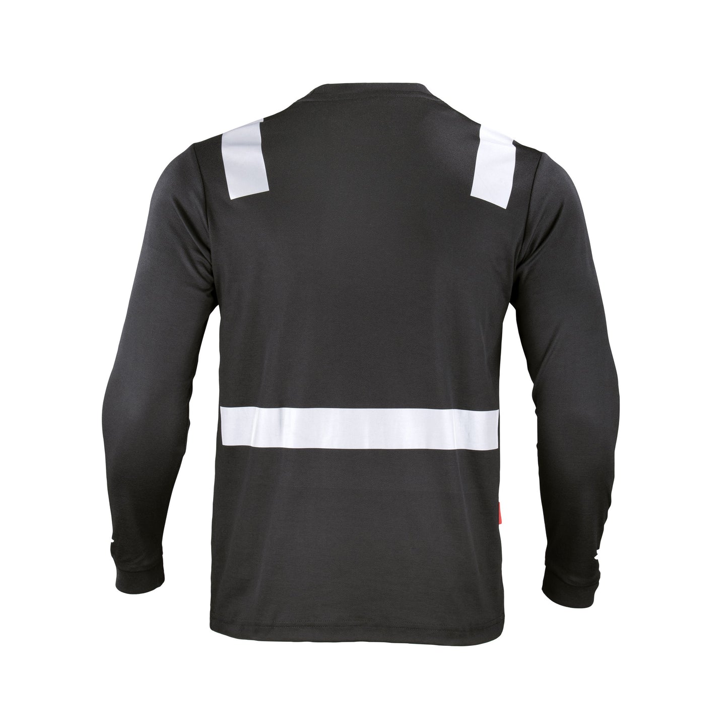 Polera negra espalda de manga larga con cinta reflectante, diseñada para seguridad y visibilidad en el trabajo