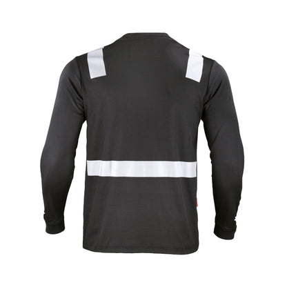 Polera negra espalda  de manga larga con cinta reflectante, diseñada para seguridad y visibilidad en el trabajo