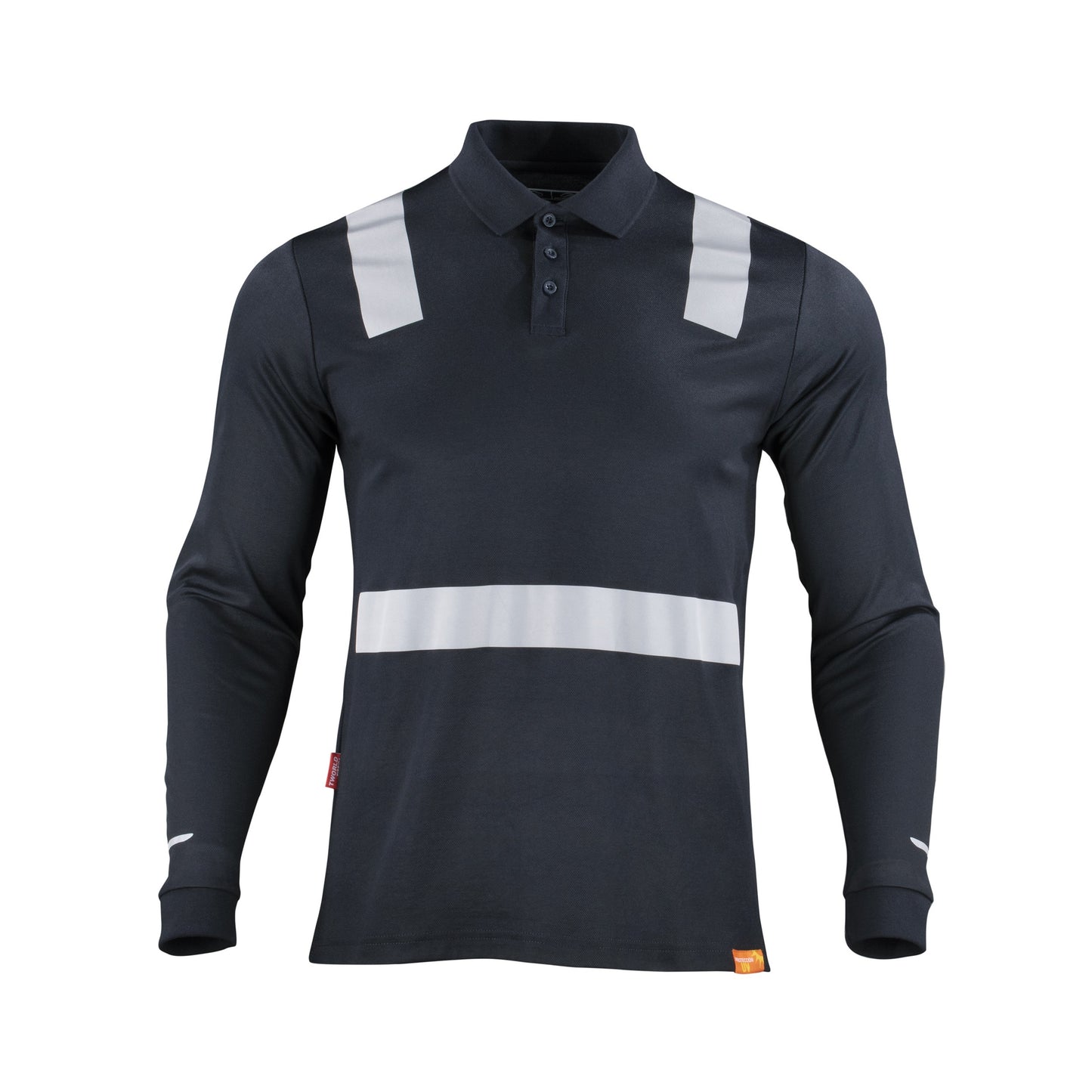 Polera negra con cuello camisero y cinta reflectante de manga larga, ideal para entornos laborales que requieren alta visibilidad y estilo - TEAMGRAFF