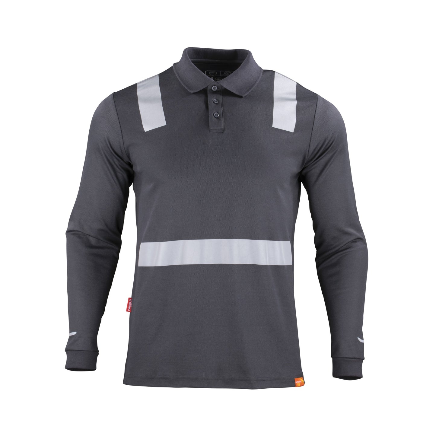 Polera gris con cuello camisero y cinta reflectante de manga larga, ideal para entornos laborales que requieren alta visibilidad y estilo - TEAMGRAFF