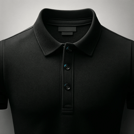 Polera pique negra de alta calidad, con tejido durable y botones acentuados, perfecta para el profesional chileno