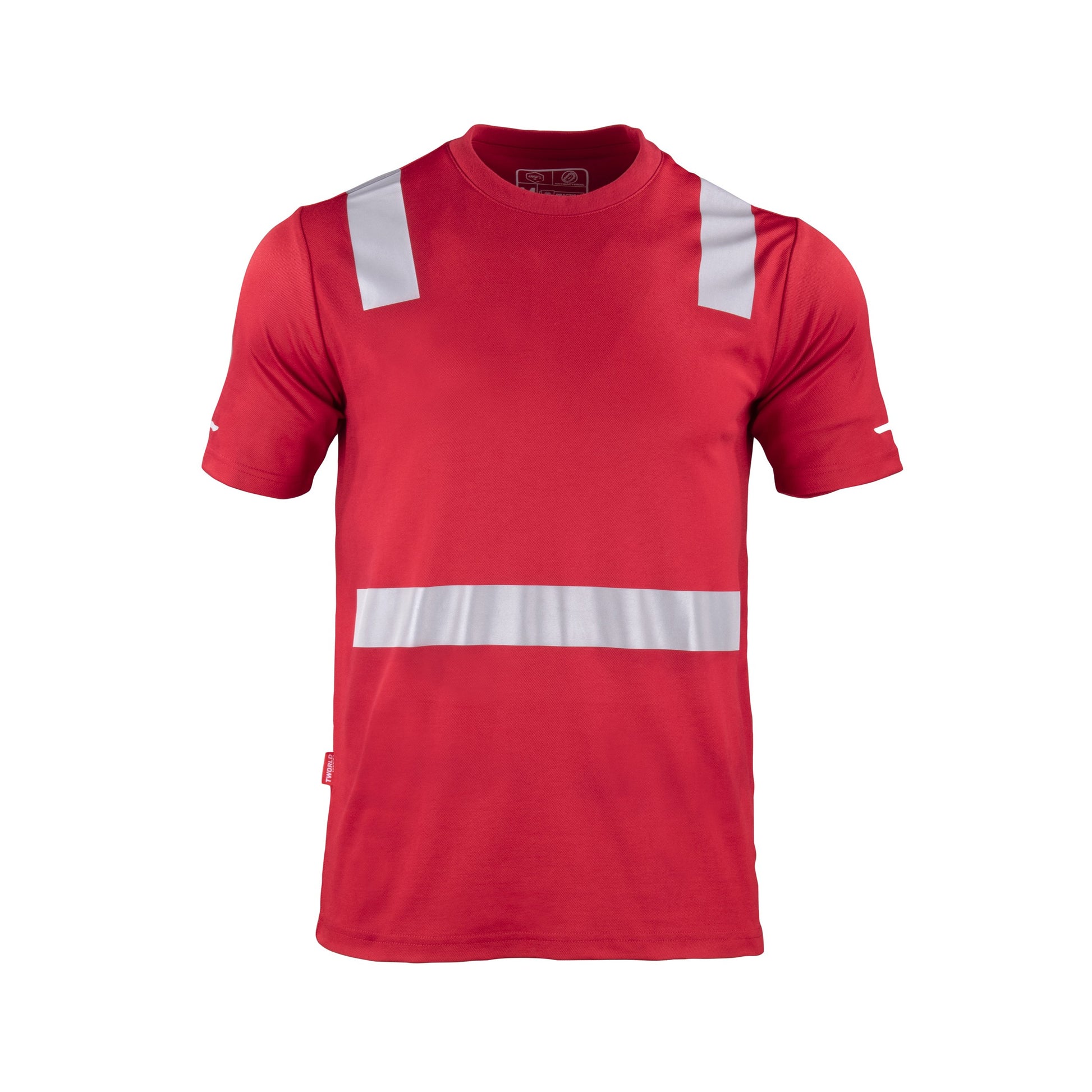 Polera roja de manga corta con cinta reflectante, adecuada para alta visibilidad y seguridad en el trabajo"  Esta etiqueta alt proporciona una descri