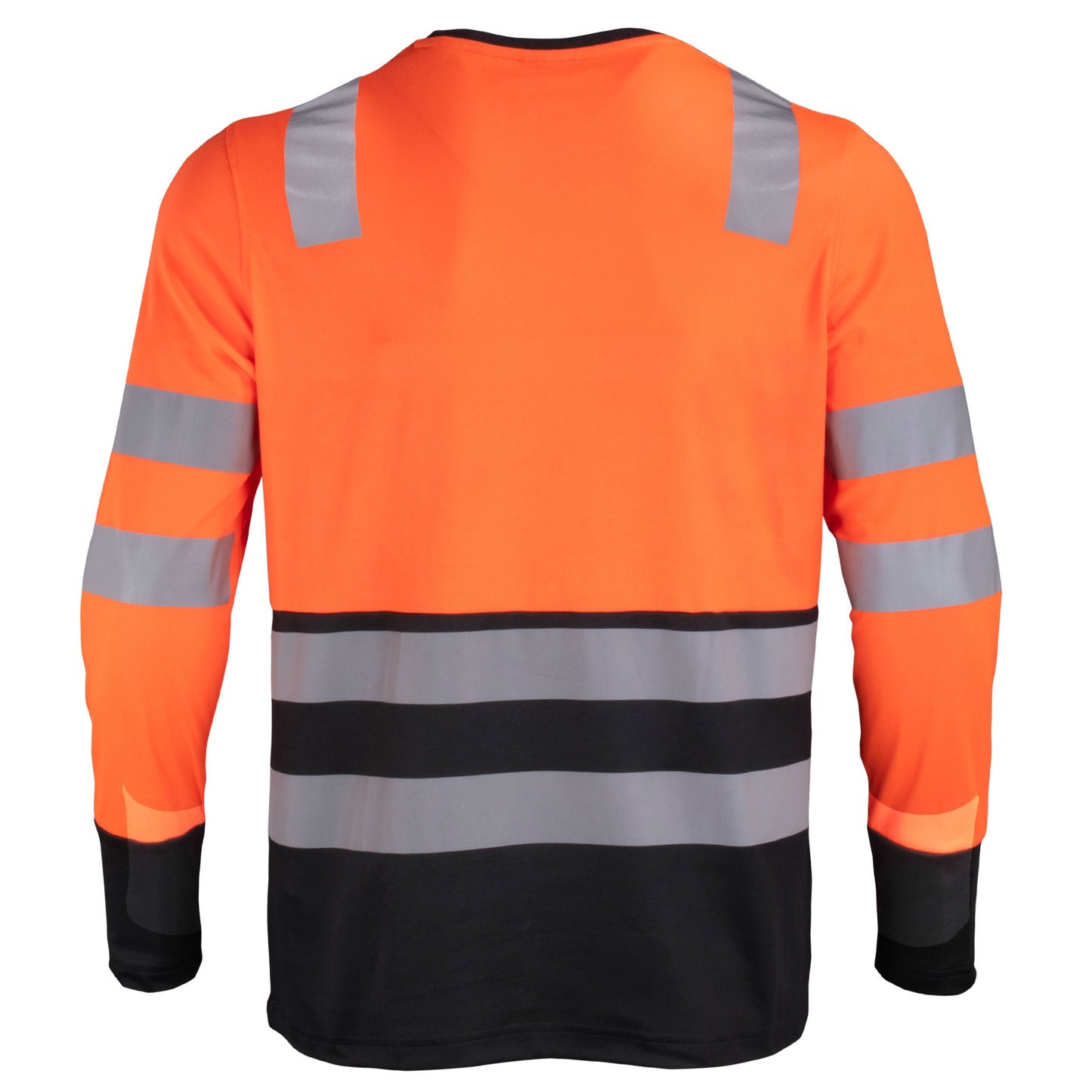 Polera de alta visibilidad bicolor de manga larga, espalda naranjo y negro, para trabajo industrial