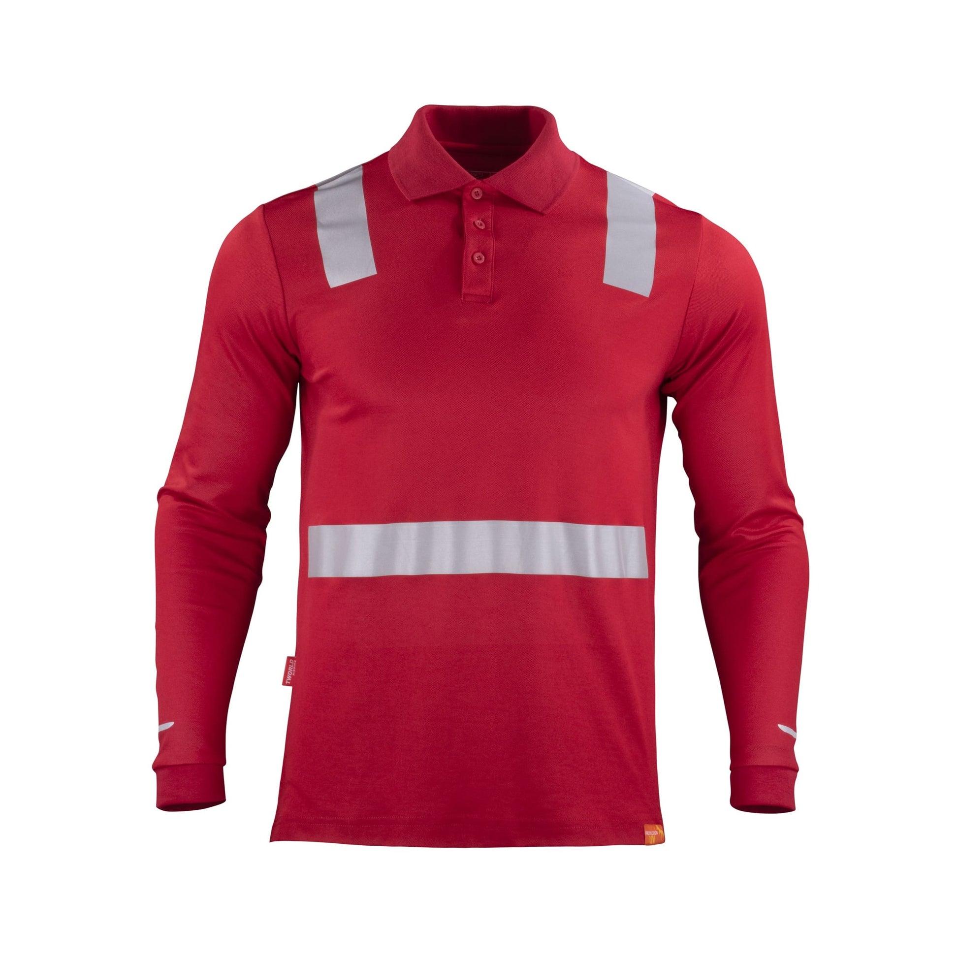 Polera roja con cuello camisero y cinta reflectante de manga larga, ideal para entornos laborales que requieren alta visibilidad y estilo - TEAMGRAFF